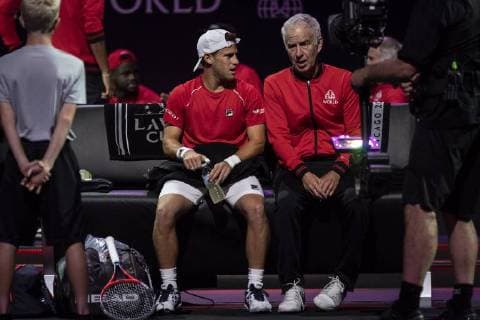 September 21, 2018 - Chicago, Illinois, U.S - DIEGO SCHWARTZMAN of Argentina talks with Team World coach JOHN MCENROE during the third singles match on Day One of the Laver Cup at the United Center in Chicago, Illinois. Laver Cup Day 1 - ZUMAl140 20180921_zap_l140_059 Copyright: xShelleyxLiptonx