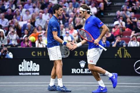 CHICAGO, IL - SEPTEMBER 21: Team Europe Novak Djokovic of Serbia celebrates a point with Team Europe Roger Federer of Switzerland against Team World Jack Sock of the United States and Team World Kevin Anderson of South Africa during their Men s Doubles match on day one of the 2018 Laver Cup at the United Center on September 21, 2018 in Chicago, Illinois.(Photo by Robin Alam Icon Sportswire) TENNIS: SEP 21 Laver Cup Icon164180921115 EDITORIAL USE ONLY