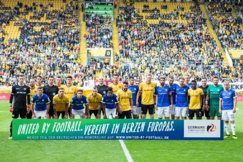 22.09.2018, xkvx, Fussball 2. Bundesliga, SG Dynamo Dresden - SV Darmstadt 98 emoline, emspor, v.l. EM Bewerbung Europameisterschaft 2024 DFB United by Football (DFL DFB REGULATIONS PROHIBIT ANY USE OF PHOTOGRAPHS as IMAGE SEQUENCES and or QUASI-VIDEO) Dresden