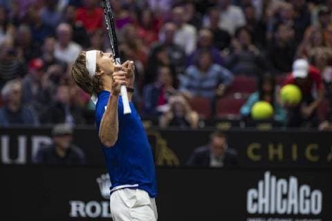 September 22, 2018 - Chicago, Illinois, U.S - Team Europe member ALEXANDER ZVEREV of Germany celebrates winning match point the first singles match between Team Europe and Team World on Day Two of the Laver Cup at the United Center in Chicago, Illinois. Laver Cup Day 1 - ZUMAl140 20180922_zap_l140_049 Copyright: xShelleyxLiptonx