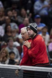 September 22, 2018 - Chicago, Illinois, U.S - Team World coach JOHN MCENROE and JACK SOCK of the United States celebrate JOHN ISNER S point during the first singles match between Team Europe and Team World on Day Two of the Laver Cup at the United Center in Chicago, Illinois. Laver Cup Day 1 - ZUMAl140 20180922_zap_l140_041 Copyright: xShelleyxLiptonx