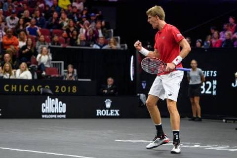 CHICAGO, IL - SEPTEMBER 22: Team World s Kevin Anderson of South Africa celebrates a point over Team Europe s Novak Djokovic of Serbia during a singles match on day two of the 2018 Laver Cup on September 22, 2018, at the United Center in Chicago, Illinois. Anderson beats Djokovic 7-6(5) 5-7 10-6 . (Photo by Daniel Bartel Icon Sportswire) TENNIS: SEP 22 Laver Cup Icon180922042 EDITORIAL USE ONLY