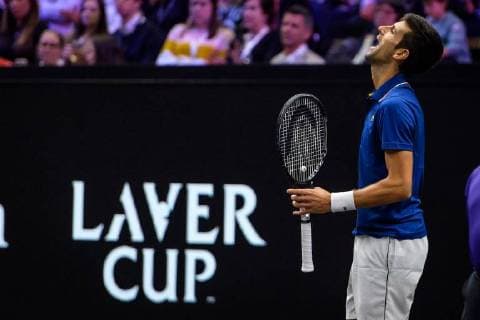CHICAGO, IL - SEPTEMBER 22: Team Europe s Novak Djokovic of Serbia reacts after losing a point to Team World s Kevin Anderson of South Africa during a singles match on day two of the 2018 Laver Cup on September 22, 2018, at the United Center in Chicago, Illinois. Anderson beats Djokovic 7-6(5) 5-7 10-6 . (Photo by Daniel Bartel Icon Sportswire) TENNIS: SEP 22 Laver Cup Icon180922051 EDITORIAL USE ONLY