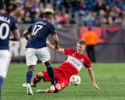 September 22, 2018 - Foxborough, Massachusetts, USA - Foxborough, Massachusetts - September 22, 2018: In a Major League Soccer MLS Fussball Herren USA match, New England Revolution (blue white) tied Chicago Fire (red), 2-2, at Gillette Stadium. Juan Agudelo, Bastian Schweinsteiger - ZUMAt139 20180922_zaa_t139_500 Copyright: xAndrewxKatsampesx
