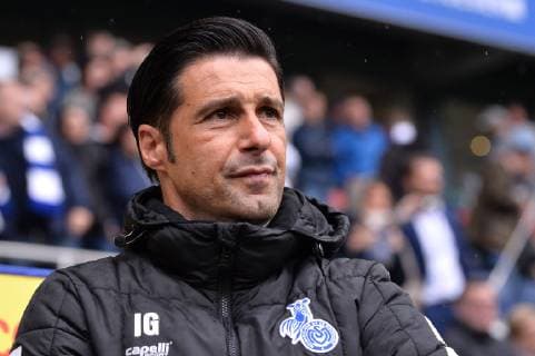 Fußball 2. Bundesliga 6. Spieltag MSV Duisburg - Erzgebirge Aue am 23.09.2018 in der Schauinsland-Reisen-Arena in Duisburg Ilia Gruev ( Cheftrainer Duisburg ) DFL regulations prohibit any use of photographs as image sequences and or quasi-video.