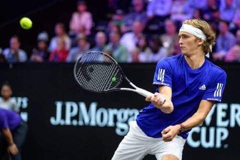 CHICAGO, IL - SEPTEMBER 23: Team Europe s Alexander Zverev of Germany returns a ball during a doubles match on day three of the 2018 Laver Cup on September 23, 2018, at the United Center in Chicago, Illinois. Sock & Isner beats Federer & Zverev 4-6, 7-6(2), 11-9 . (Photo by Daniel Bartel Icon Sportswire) TENNIS: SEP 23 Laver Cup Icon180923013 EDITORIAL USE ONLY