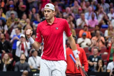 CHICAGO, IL - SEPTEMBER 23: Team World s John Isner of the United States of America celebrates a point during a doubles match on day three of the 2018 Laver Cup on September 23, 2018, at the United Center in Chicago, Illinois. Sock & Isner beats Federer & Zverev 4-6, 7-6(2), 11-9 . (Photo by Daniel Bartel Icon Sportswire) TENNIS: SEP 23 Laver Cup Icon180923016 EDITORIAL USE ONLY