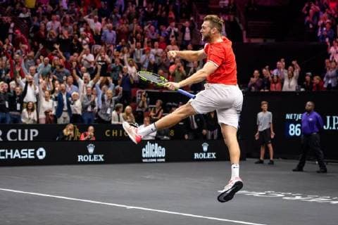CHICAGO, IL - SEPTEMBER 23: Team World s Jack Sock of the United States of America celebrates after a doubles match on day three of the 2018 Laver Cup on September 23, 2018, at the United Center in Chicago, Illinois. Sock & Isner beats Federer & Zverev 4-6, 7-6(2), 11-9 . (Photo by Daniel Bartel Icon Sportswire) TENNIS: SEP 23 Laver Cup Icon180923017 EDITORIAL USE ONLY