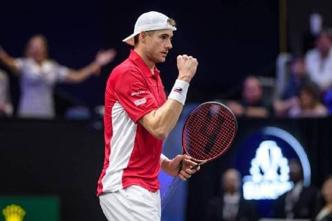 CHICAGO, IL - SEPTEMBER 23: Team World s John Isner of the United States of America reacts after winning a point during a singles match on day three of the 2018 Laver Cup on September 23, 2018, at the United Center in Chicago, Illinois. Federer beats Isner 6-7 (5) 7-6 (8) 10-7 . (Photo by Daniel Bartel Icon Sportswire) TENNIS: SEP 23 Laver Cup Icon180923026 EDITORIAL USE ONLY