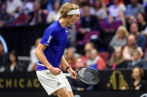CHICAGO, IL - SEPTEMBER 23: Team Europe s Alexander Zverev of Germany celebrates his win after a singles match on day three of the 2018 Laver Cup on September 23, 2018, at the United Center in Chicago, Illinois. Zverev beats Anderson 6-7(3) 7-5 10-7 . (Photo by Daniel Bartel Icon Sportswire) TENNIS: SEP 23 Laver Cup Icon180923050 EDITORIAL USE ONLY