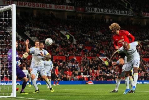 Manchester United ManU s Marouane Fellaini scores the equalising goal to make it 2-2 during the Carabao Cup Third Round match at Old Trafford Stadium, Manchester. Picture date 25th September 2018. Picture credit should read: Matt McNulty Sportimage EDITORIAL USE ONLY. No use with unauthorised audio, video, data, fixture lists, club league logos or live services. Online in-match use limited to 120 images, no video emulation. No use in betting, games or single club league player publications.