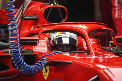 SOCHI, RUSSIA - SEPTEMBER 29, 2018: Scuderia Ferrari driver Sebastian Vettel in practice sessions at the 2018 Formula One VTB Russian Grand Prix at the Sochi Autodrom racing circuit. Yegor Aleyev TASS  TS091F0D