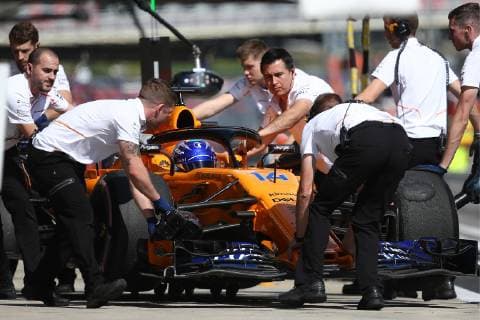 SOCHI, RUSSIA - SEPTEMBER 29, 2018: McLaren driver Fernando Alonso in practice sessions at the 2018 Formula One VTB Russian Grand Prix at the Sochi Autodrom racing circuit. Yegor Aleyev TASS  TS091F15