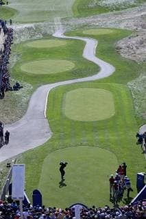 Bryson DeChambeau tees off at the first hole on day two of the Ryder Cup at Le Golf National in Guyancourt near Paris on September 29, 2018. Team Europe leads Team USA 10-6 heading into the final day of competition.  PAR20180929098 DAVIDxSILPA