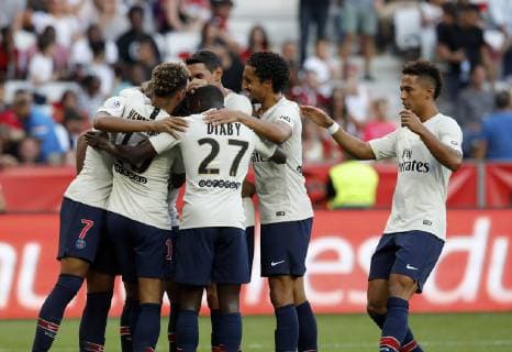 (180930) -- NICE, Sept. 30, 2018 -- Players of Paris Saint-Germain celebrate their goal during the 2018-2019 season French Ligue 1 match between Paris Saint-Germain and Nice in Nice, France on Sept. 29, 2018. Paris Saint-Germain won 3-0. ) (SP)FRANCE-NICE-FOOTBALL-LIGUE 1-PARIS SAINT-GERMAIN VS NICE ChristophexPetino 