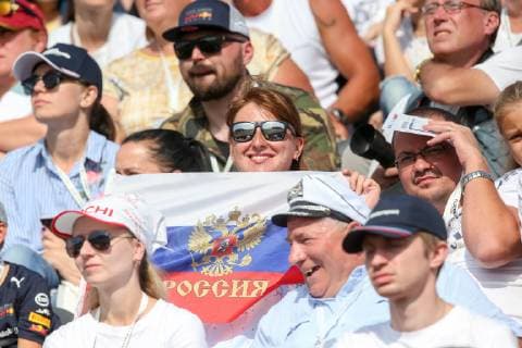 SOCHI, RUSSIA â€“ SEPTEMBER 30, 2018: Spectators watch the 2018 Formula One Russian Grand Prix at the Sochi Autodrom racing circuit. Sergei Fadeichev TASS  TS091FF4