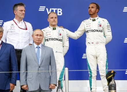Motorsports: FIA Formula One World Championship WM Weltmeisterschaft 2018, Grand Prix of Russia, 44 Lewis Hamilton (GBR, Mercedes AMG Petronas F1 Team), 77 Valtteri Bottas (FIN, Mercedes AMG Petronas), Vladimir Putin, President of Russia on the podium Sochi Russia