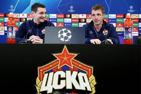 MOSCOW, RUSSIA - OCTOBER 1, 2018: CSKA Moscow s Alan Dzagoyev (L) and CSKA Moscow s manager Viktor Goncharenko during a press conference PK Pressekonferenz ahead of the 2018-19 UEFA Champions League Group Stage match against Real Madrid. Anton Novoderezhkin TASS  TS09218E