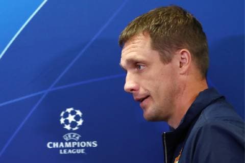 MOSCOW, RUSSIA - OCTOBER 1, 2018: CSKA Moscow s manager Viktor Goncharenko during a press conference PK Pressekonferenz ahead of the 2018-19 UEFA Champions League Group Stage match against Real Madrid. Anton Novoderezhkin TASS  TS092190