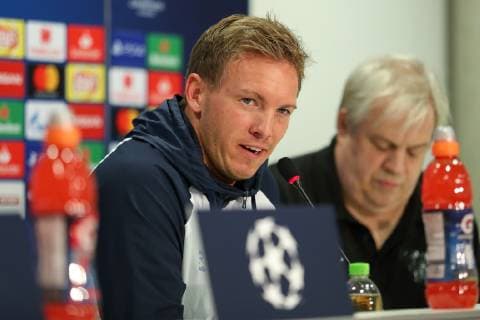 Julian Nagelsmann (Trainer, Cheftrainer, Hoffenheim), Einzelbild, Aktion, Action, Porträt, Portrait, bei der Pressekonferenz, PK, press conference PK Pressekonferenz Pressetermin, Medientermin, Fussball, UEFA Champions League, Pressekonferenz TSG 1899 Hoffenheim,