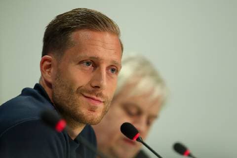 Oliver Baumann (Torwart, Hoffenheim, 1), Einzelbild, Aktion, Action, Porträt, Portrait, bei der Pressekonferenz, PK, press conference PK Pressekonferenz Pressetermin, Medientermin, Fussball, UEFA Champions League, Pressekonferenz TSG 1899 Hoffenheim,
