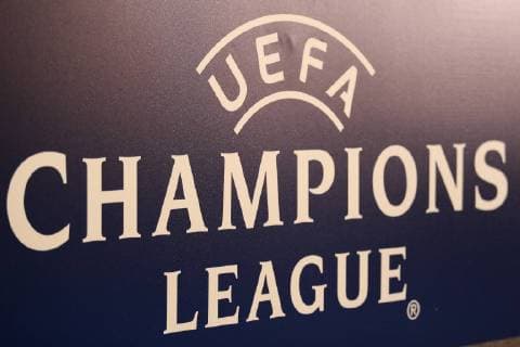 Der Schriftzug der UEFA Champions League, Logo, Symbolfoto, Symbolbild, Symbol, bei der Pressekonferenz, PK, press conference PK Pressekonferenz Pressetermin, Medientermin, Fussball, UEFA Champions League, Pressekonferenz Manchester City FC,