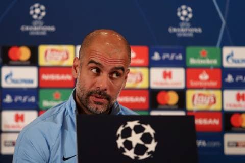 Josep Guardiola i Sala (Pep Guardiola, Trainer, Cheftrainer, ManCity), Einzelbild, Aktion, Action, Porträt, Portrait, bei der Pressekonferenz, PK, press conference PK Pressekonferenz Pressetermin, Medientermin, Fussball, UEFA Champions League, Pressekonferenz Manchester City FC,