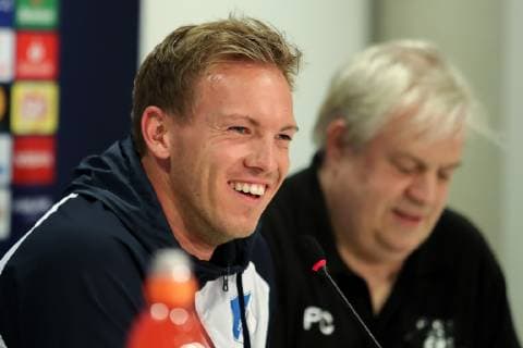 Julian Nagelsmann (Trainer, Cheftrainer, Hoffenheim), Einzelbild, Aktion, Action, Porträt, Portrait, bei der Pressekonferenz, PK, press conference PK Pressekonferenz Pressetermin, Medientermin, lacht, lachen, fröhlich, strahlend, optimistisch, Fussball, UEFA Champions League, Pressekonferenz TSG 1899 Hoffenheim,