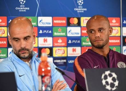 01.10.2018, xmeix, Fussball UEFA Champions League, TSG 1899 Hoffenheim - Training und Pressekonferenz emspor, v.l. Trainer Pep Guardiola (Manchester City), Vincent Kompany (Manchester City) DFL DFB REGULATIONS PROHIBIT ANY USE OF PHOTOGRAPHS as IMAGE SEQUENCES and or QUASI-VIDEO Sinsheim