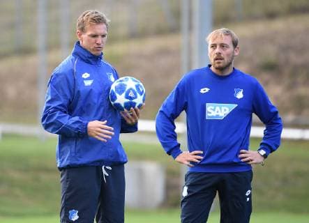 01.10.2018, xmeix, Fussball UEFA Champions League, TSG 1899 Hoffenheim - Training und Pressekonferenz emspor, v.l. Hoffenheims Trainer Julian Nagelsmann (TSG 1899 Hoffenheim) mit Hoffenheims Co-Trainer Matthias Kaltenbach DFL DFB REGULATIONS PROHIBIT ANY USE OF PHOTOGRAPHS as IMAGE SEQUENCES and or QUASI-VIDEO Sinsheim