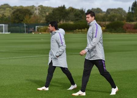 Mauricio Pochettino manager of Tottenham Hotspur and assistant manager Jes?s P?rez during the Tottenham Hotspur part open training session ahead of the Champions League fixtures between Spurs & Barcelona. Training takes place at Tottenham Hotspur Training Ground, Hotspur Way, England on 2 October 2018. Copyright: xVincexxMignottx PMI-2287-0028