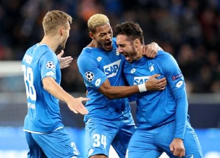 Deutschland, Sinsheim, WIRSOL Rhein-Neckar-Arena, 02.10.2018, Fussball - UEFA Champions League - TSG Hoffenheim - Manchester City Bild: v. lk. Stefan Posch (TSG 1899 Hoffenheim, 38), Joelinton (TSG 1899 Hoffenheim, 34) und Torschütze Ishak Belfodil (TSG 1899 Hoffenheim, 19) bejubeln das 1:0 Copyright: HMBxMedia xHeikoxBecker