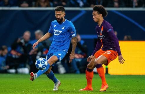 02.10.2018, xfux, Fussball UEFA Champions League, TSG 1899 Hoffenheim - Manchester City FC, emspor, v.l. Kerem Demirbay (TSG 1899 Hoffenheim), Leroy Sane (Manchester City FC) Sinsheim
