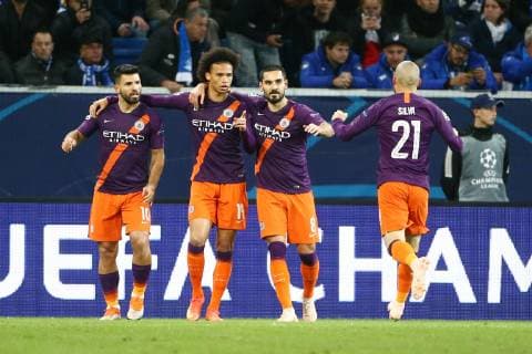 Ilkay Gundogan (Manchesteer City), Leroy Sane (Manchesteer City) und Sergio Aguero (Manchesteer City) bejubeln das 1:1, TSG 1899 Hoffenheim vs Manchester City, Fussball, Champions League, 02.10.2018 UEFA regulations prohibit any use of photographs as image sequences and or quasi-video. TSG 1899 Hoffenheim vs Manchester City, Fussball, Champions League, 02.10.2018 Hoffenheim Copyright: xEIBNER AlexanderxNeisx EP_ANS