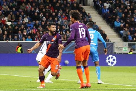 02.10.2018, xtvx, Fussball UEFA Champions League, TSG 1899 Hoffenheim - Manchester City FC emspor, v.l. Goal scored, Tor zum 1:1 Sergio Aguero (Manchester City) Torjubel, Goal celebration, celebrate the goal, celebrates scoring (DFL DFB REGULATIONS PROHIBIT ANY USE OF PHOTOGRAPHS as IMAGE SEQUENCES and or QUASI-VIDEO) Sinsheim