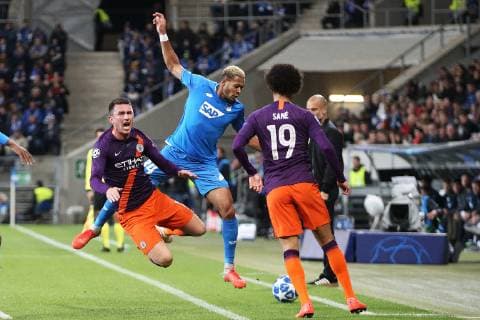 02.10.2018, xtvx, Fussball UEFA Champions League, TSG 1899 Hoffenheim - Manchester City FC emspor, v.l. Zweikampf, Duell, duel, tackle, compete Aymeric Laporte (Manchester City) Joelinton (TSG 1899 Hoffenheim) (DFL DFB REGULATIONS PROHIBIT ANY USE OF PHOTOGRAPHS as IMAGE SEQUENCES and or QUASI-VIDEO) Sinsheim