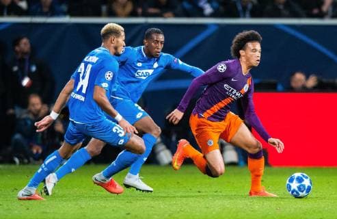 02.10.2018, xfux, Fussball UEFA Champions League, TSG 1899 Hoffenheim - Manchester City FC, emspor, v.l. Joelinton (TSG 1899 Hoffenheim), Joshua Brenet (TSG 1899 Hoffenheim), Leroy Sane (Manchester City FC) Sinsheim