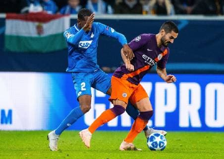 02.10.2018, xfux, Fussball UEFA Champions League, TSG 1899 Hoffenheim - Manchester City FC, emspor, v.l. Joshua Brenet (TSG 1899 Hoffenheim), Ilkay Guendogan (Manchester City FC) Sinsheim