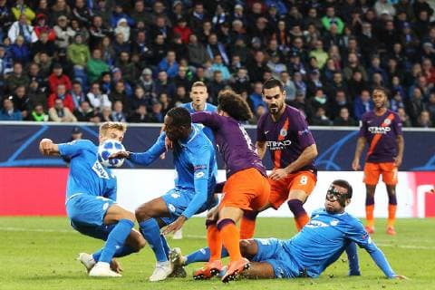 02.10.2018, xtvx, Fussball UEFA Champions League, TSG 1899 Hoffenheim - Manchester City FC emspor, v.l. Zweikampf, Duell, duel, tackle, compete Joshua Brenet (TSG 1899 Hoffenheim) Leroy Sane (Manchester City) (DFL DFB REGULATIONS PROHIBIT ANY USE OF PHOTOGRAPHS as IMAGE SEQUENCES and or QUASI-VIDEO) Sinsheim