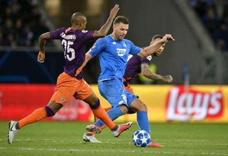 Adam Szalai TSG 1899 Hoffenheim am Ball gegen Fernandinho Manchester City TSG 1899 Hoffenheim vs Manchester City Man City Champions League CL Gruppenphase 02.10.2018 DFL REGULATIONS PROHIBIT ANY USE OF PHOTOGRAPHS AS IMAGE SEQUENCES AND OR QUASI-VIDEO CL TSG 1899 Hoffenheim vs Manchester City