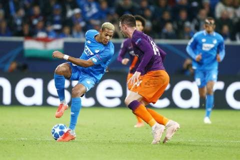 Joelinton (TSG 1899 Hoffenheim) im Zweikampf mit Aymeric Laporte (Manchesteer City), TSG 1899 Hoffenheim vs Manchester City, Fussball, Champions League, 02.10.2018 UEFA regulations prohibit any use of photographs as image sequences and or quasi-video. TSG 1899 Hoffenheim vs Manchester City, Fussball, Champions League, 02.10.2018 Hoffenheim Copyright: xEIBNER AlexanderxNeisx EP_ANS