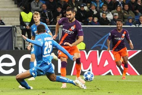 02.10.2018, xtvx, Fussball UEFA Champions League, TSG 1899 Hoffenheim - Manchester City FC emspor, v.l. Zweikampf, Duell, duel, tackle, compete Kevin Akpoguma (TSG 1899 Hoffenheim) Ilkay Guendogan (Manchester City) (DFL DFB REGULATIONS PROHIBIT ANY USE OF PHOTOGRAPHS as IMAGE SEQUENCES and or QUASI-VIDEO) Sinsheim