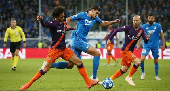 Leroy Sane (19, Manchester City), Justin HOOGMA (24, 1899 Hoffenheim), UEFA Champions League, TSG 1899 Hoffenheim vs. Manchester City, Groupe F, Matchday 2, October, 02 2018, Wirsol Rhein Neckar Arena, Germany, YmdY, ** DFL DFL regulations prohibit any use of photographs as image sequences and or quasi-video. ** TSG 1899 Hoffenheim - Manchester City