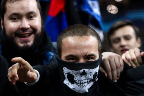MOSCOW, RUSSIA - OCTOBER 2, 2018: CSKA Moscow s fans cheer at the 2018 19 UEFA Champions League Group G Round 2 football match against Real Madrid at Luzhniki Stadium. Valery Sharifulin TASS  TS0923B0
