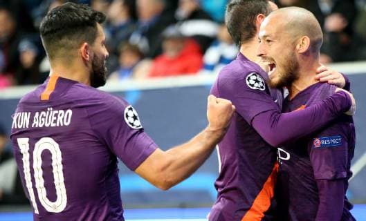 Deutschland, Sinsheim, WIRSOL Rhein-Neckar-Arena, 02.10.2018, Fussball - UEFA Champions League - TSG Hoffenheim - Manchester City Bild: v. lk. bejubeln das 2:1, Sergio Agüero (Manchester City, 10), John Stones (Manchester City, 5) und Torschütze David Silva (Manchester City, 21) Copyright: HMBxMedia xHeikoxBecker