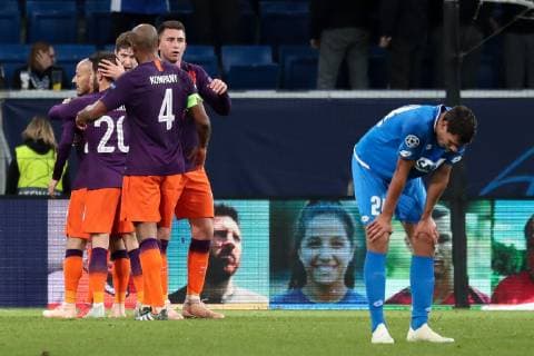 Spieler von Manchester City, Jubel nach dem Schlusspfiff, Sieg, Sieger, Gewinner, jubelt, jubeln, Freude, optimistisch, Action, Aktion, Fussball, UEFA Champions League, TSG 1899 Hoffenheim - Manchester City FC,