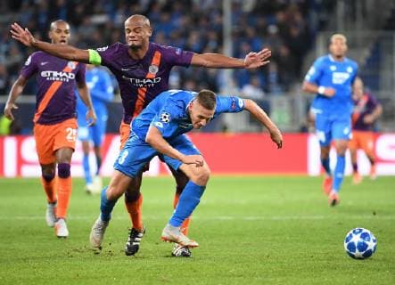02.10.2018, xmeix, Fussball UEFA Champions League, TSG 1899 Hoffenheim - Manchester City FC emspor, v.l. Pavel Kaderabek (TSG 1899 Hoffenheim) gegen Vincent Kompany (Manchester City) DFL DFB REGULATIONS PROHIBIT ANY USE OF PHOTOGRAPHS as IMAGE SEQUENCES and or QUASI-VIDEO Sinsheim