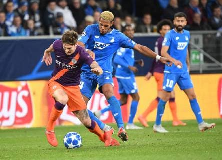 02.10.2018, xmeix, Fussball UEFA Champions League, TSG 1899 Hoffenheim - Manchester City FC emspor, v.l. Joelinton (TSG 1899 Hoffenheim) gegen John Stones (Manchester City) DFL DFB REGULATIONS PROHIBIT ANY USE OF PHOTOGRAPHS as IMAGE SEQUENCES and or QUASI-VIDEO Sinsheim