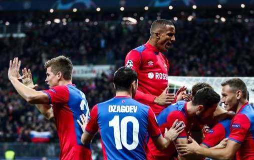 MOSCOW, RUSSIA - OCTOBER 2, 2018: CSKA Moscow s players celebrate scoring in the 2018 19 UEFA Champions League Group G Round 2 football match against Real Madrid at Luzhniki Stadium. Valery Sharifulin TASS  TS0923C3