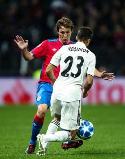 MOSCOW, RUSSIA - OCTOBER 2, 2018: CSKA Moscow s Mario Fernandes (L) and Real Madrid s Sergio Reguilon fight for the ball in their 2018 19 UEFA Champions League Group G Round 2 football match at Luzhniki Stadium. Valery Sharifulin TASS  TS0923C2